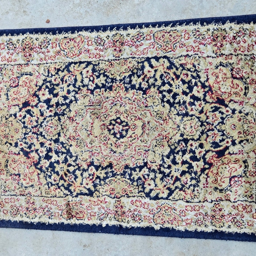 Vintage Navy Blue Medallion Accent Rug Ivory Cream Fringe Traditional Floral 2x3 - Picture 2 of 8